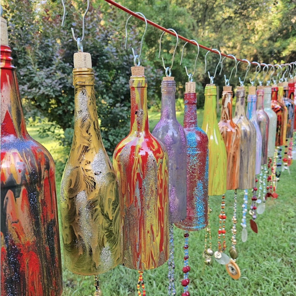 Up Cycled Windchimes from wine and liquor bottles.